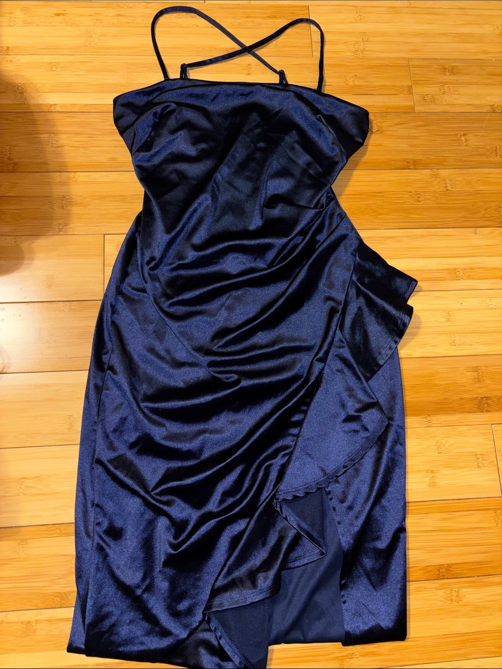 Emerald Sundae Navy Satin Ruffle Midi Dress